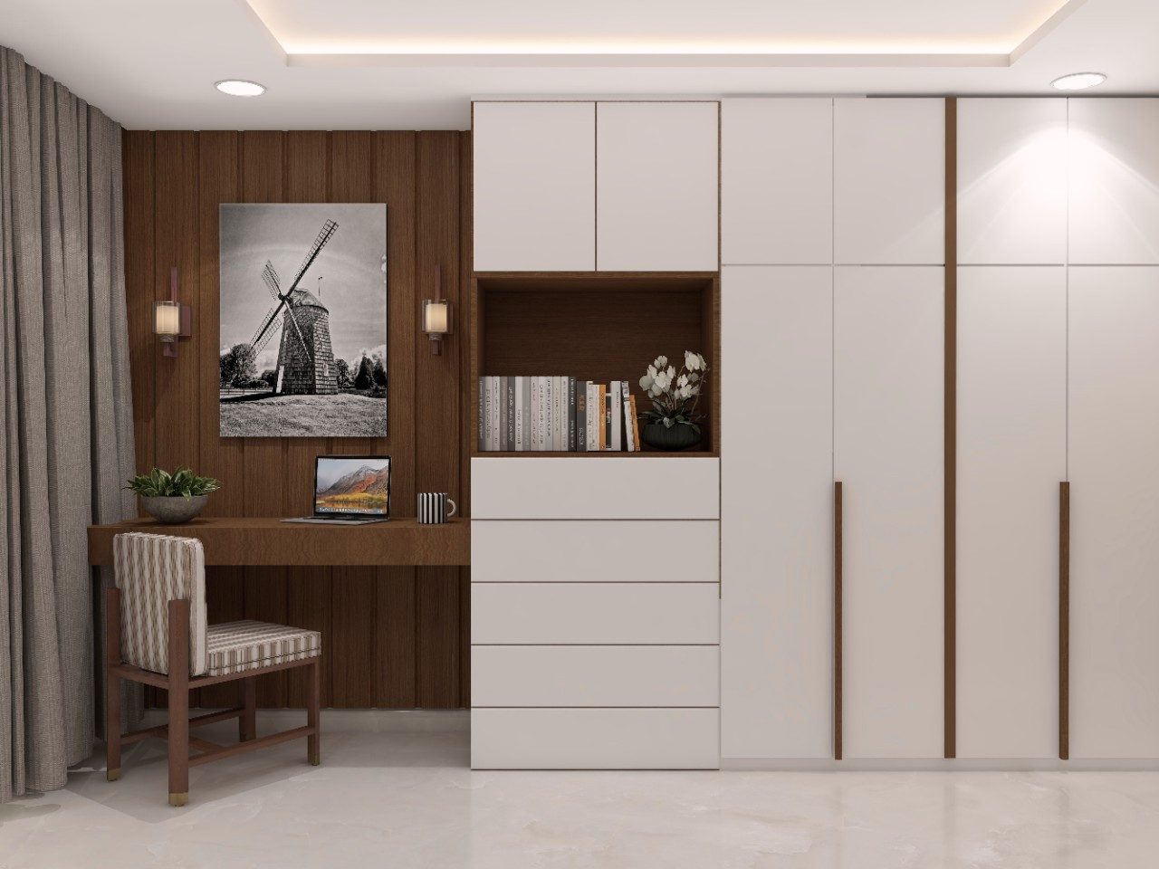 Light grey swing wardrobe with drawers and wooden study desk-Beautiful Homes