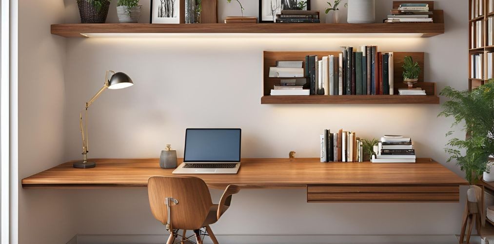 Mid-century modern study room with open wooden wall shelves - Beautiful Homes