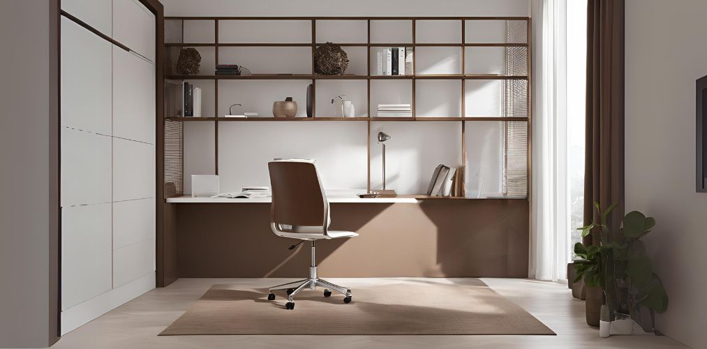 Minimalistic white and brown study room with swivel chair - Beautiful Homes