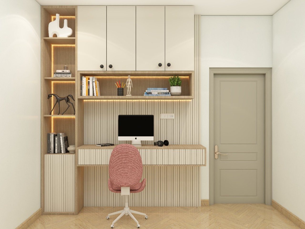 Modern off-white study room with fluted pattern laminate and storage - Beautiful Homes