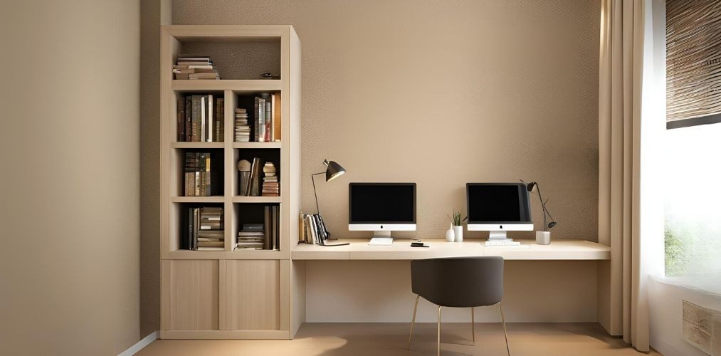 Modern study room with beige textured wallpaper - Beautiful Homes