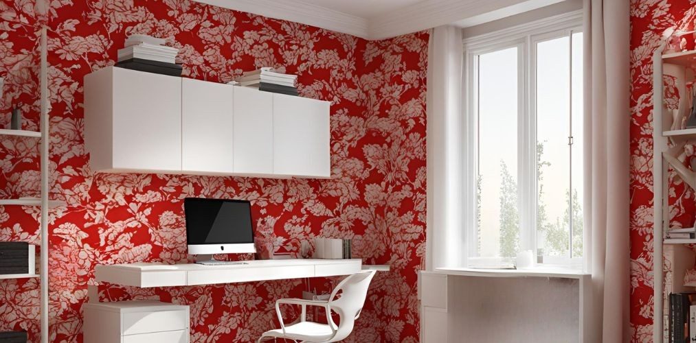 Modern study room with red and white wallpaper - Beautiful Homes