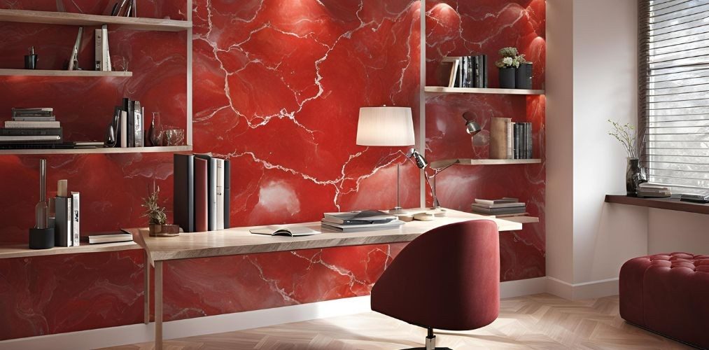 Modern study room with red marble wallpaper - Beautiful Homes