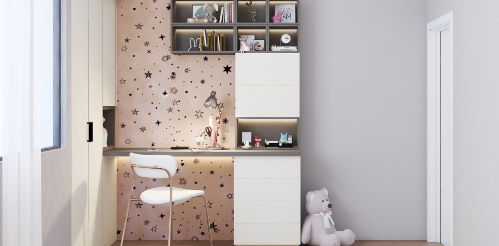 Office wall design with star themed wallpaper and white drawers-Beautiful Homes