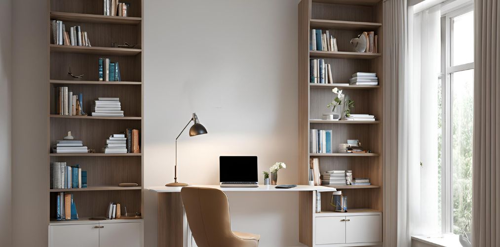 Simple study room in bedroom with wall mounted shelves - Beautiful Homes