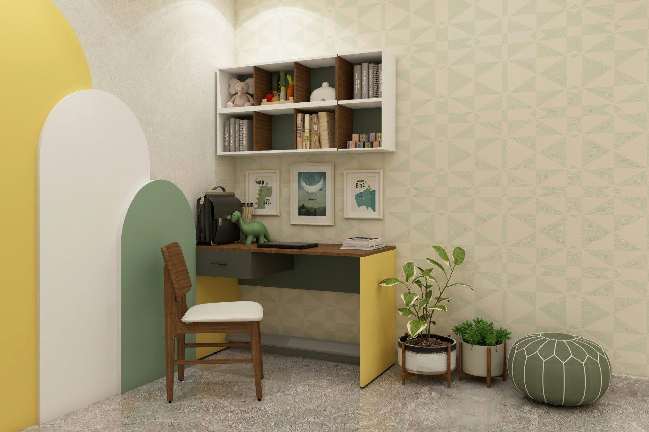 Simple study unit with wooden chair and wall mounted shelves-Beautiful Homes