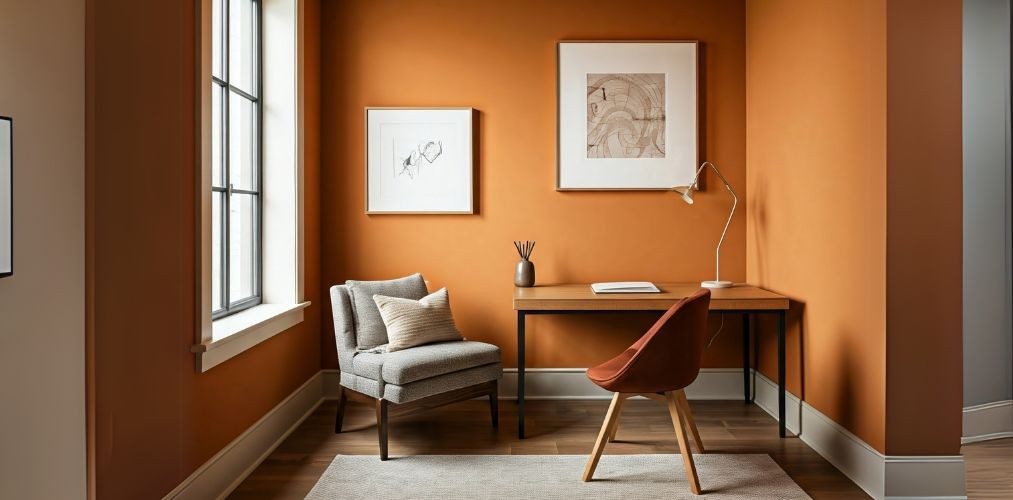 Study room with orange walls and wooden furniture - Beautiful Homes