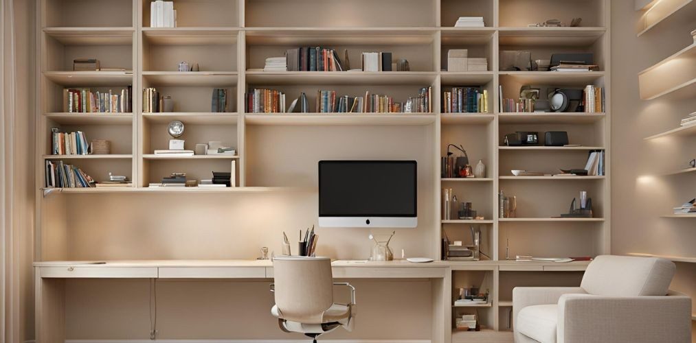 Spacious beige study room with wall mounted shelves - Beautiful Homes