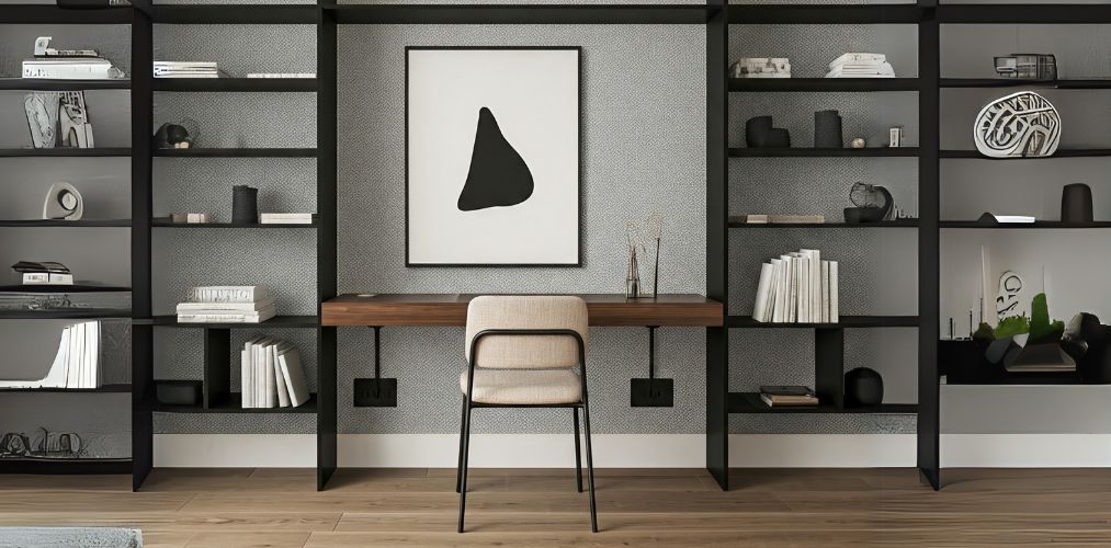 Study room with wooden desk and open black shelves - Beautiful Homes