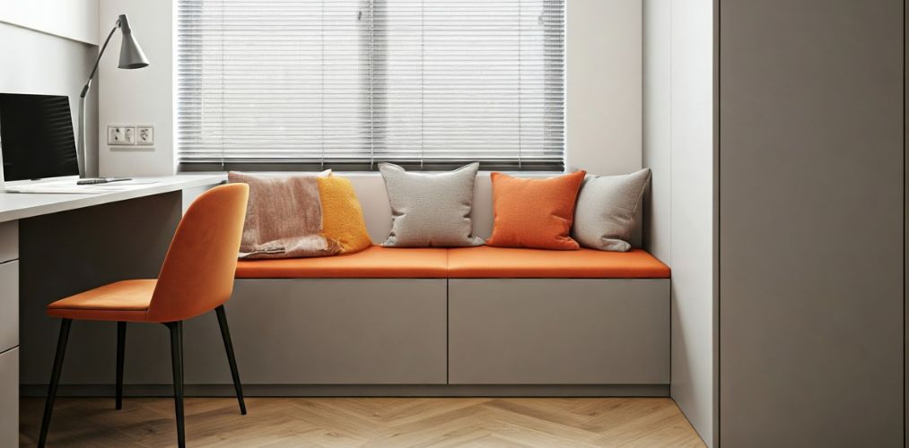 Study room with orange seating and wooden desk - Beautiful Homes