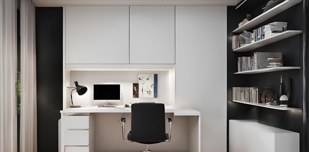 Study table with black chair and integrated white wardrobe - Beautiful Homes