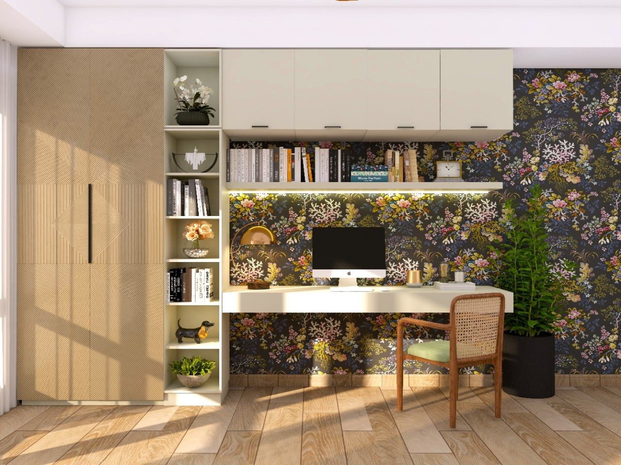 Study table with floral wallpaper and rattan chair - Beautiful Homes