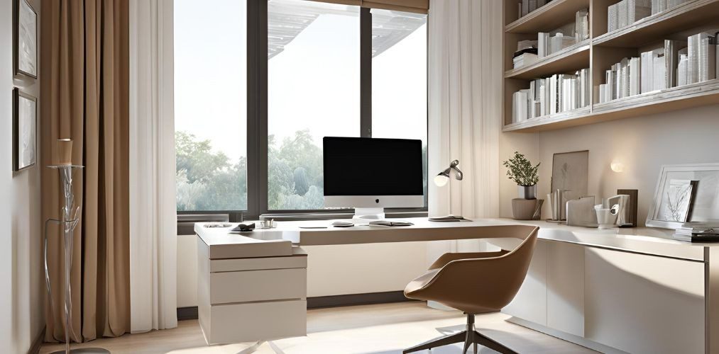 Tan and white study room with upholstered chair - Beautiful Homes