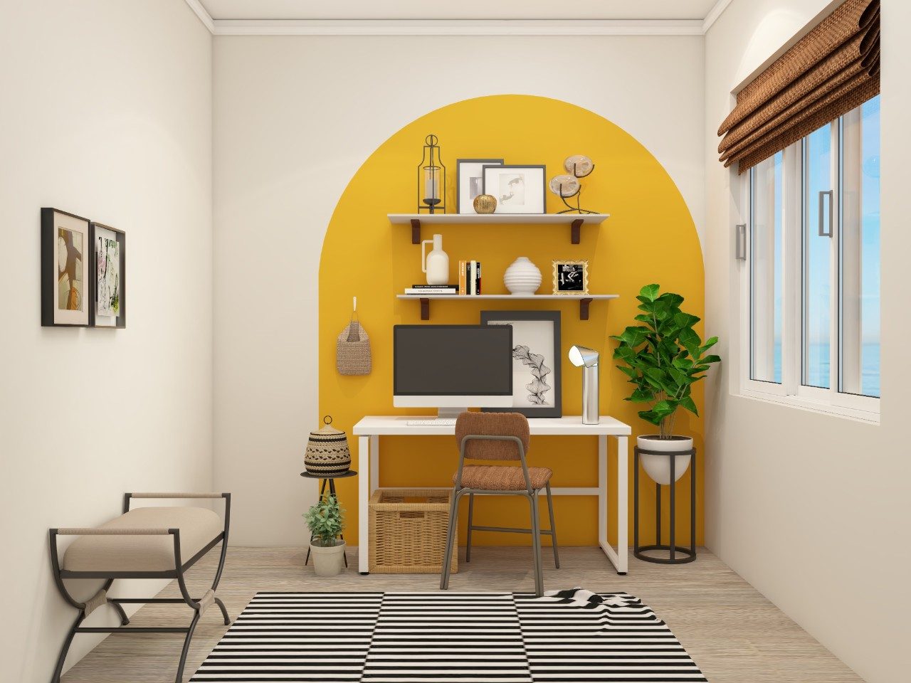 Vibrant study room with yellow accent wall and floating shelves - Beautiful Homes