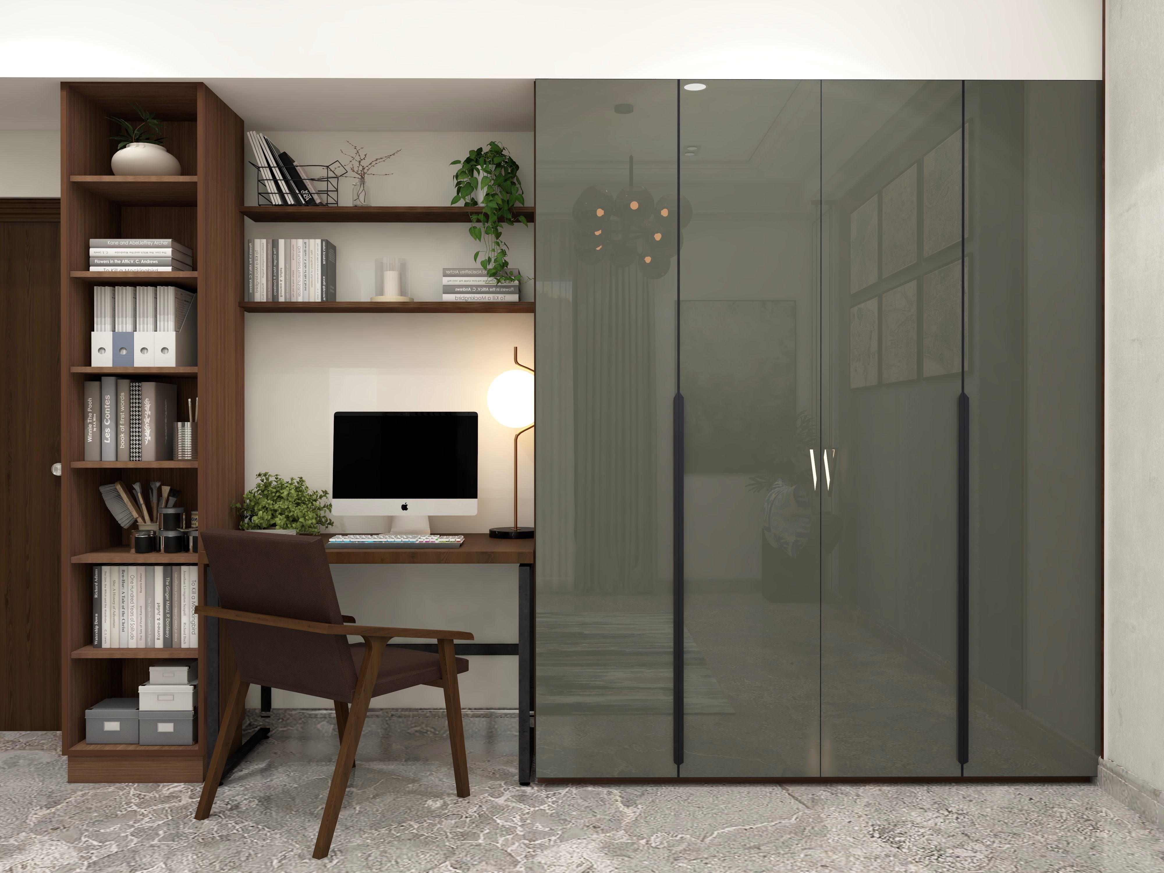 Wardrobe design with glossy laminate and wooden study table with shelves-Beautiful Homes