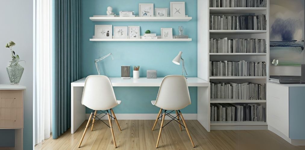 Minimalist study room with blue wall and dual desks - Beautiful Homes