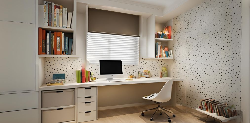 White study room with polka dot wallpaper - Beautiful Homes