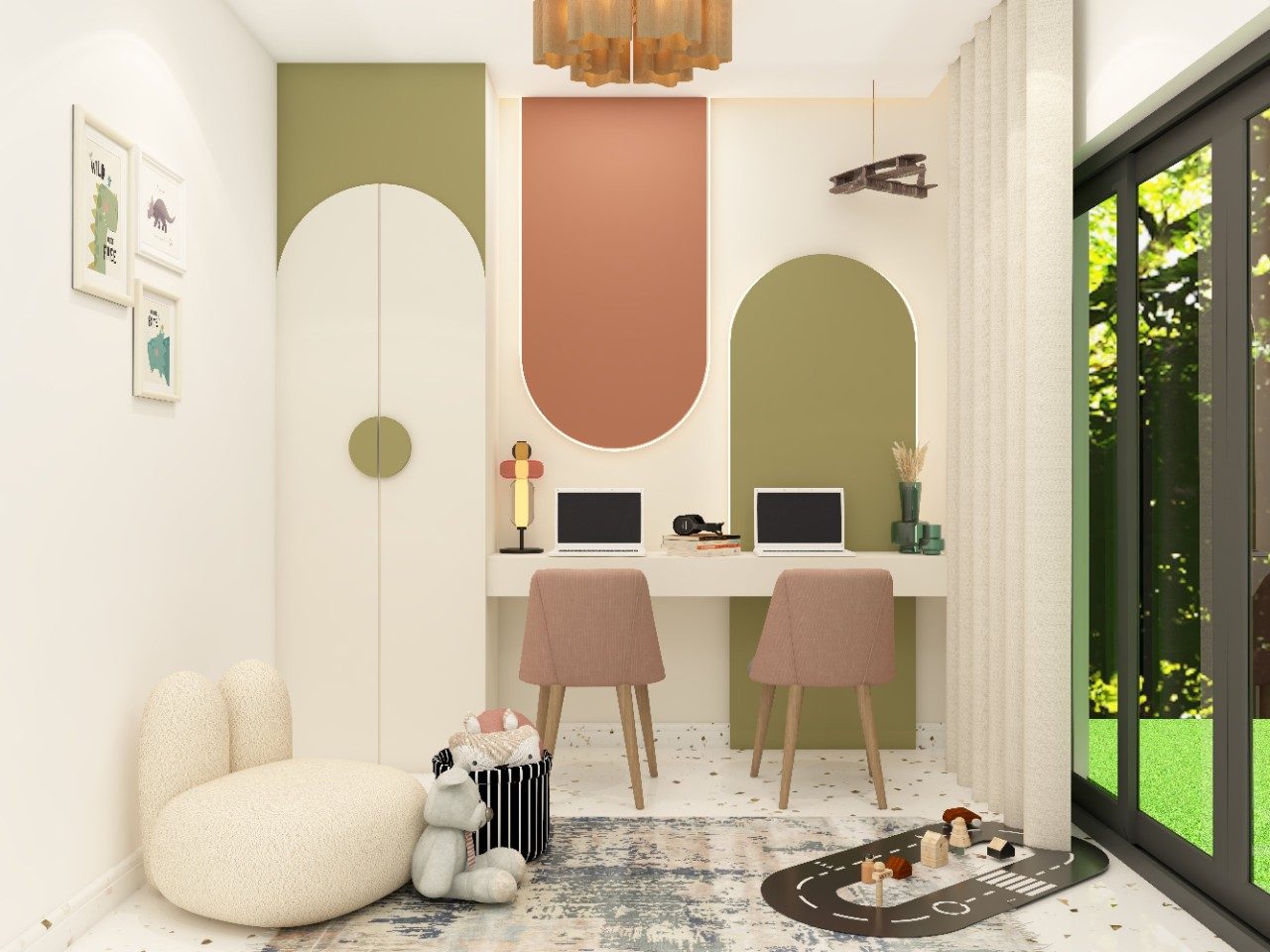 White study room with vibrant accent colours and terrazzo flooring - Beautiful Homes