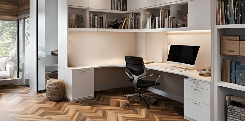 White study table with chevron wooden flooring - Beautiful Homes