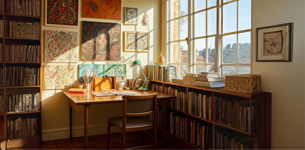 Sunlit study room with desk and bookshelves - Beautiful Homes