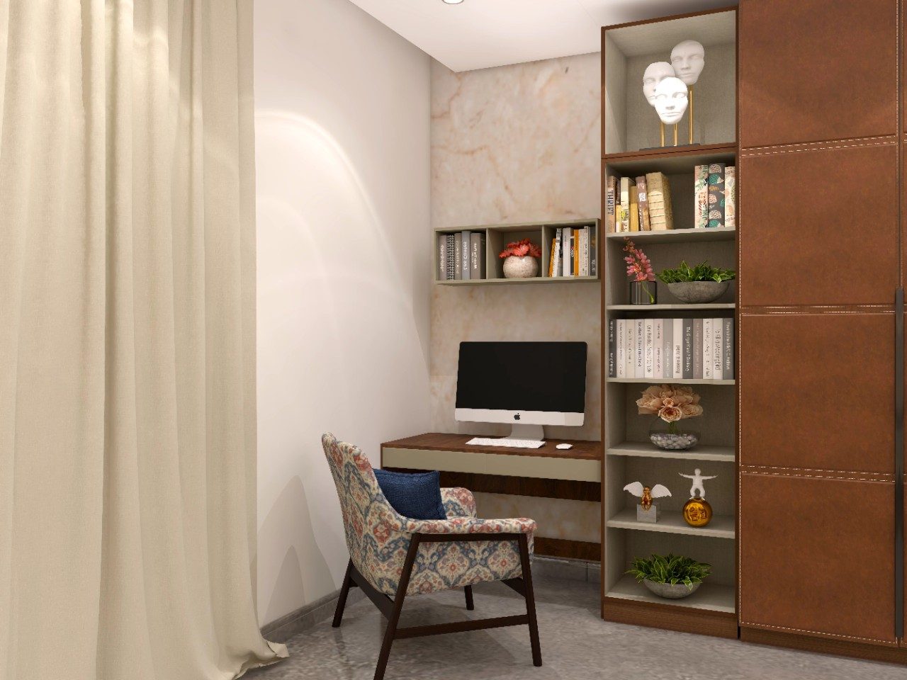 Wooden study table and chair with marble wall tile and box shelf-Beautiful Homes