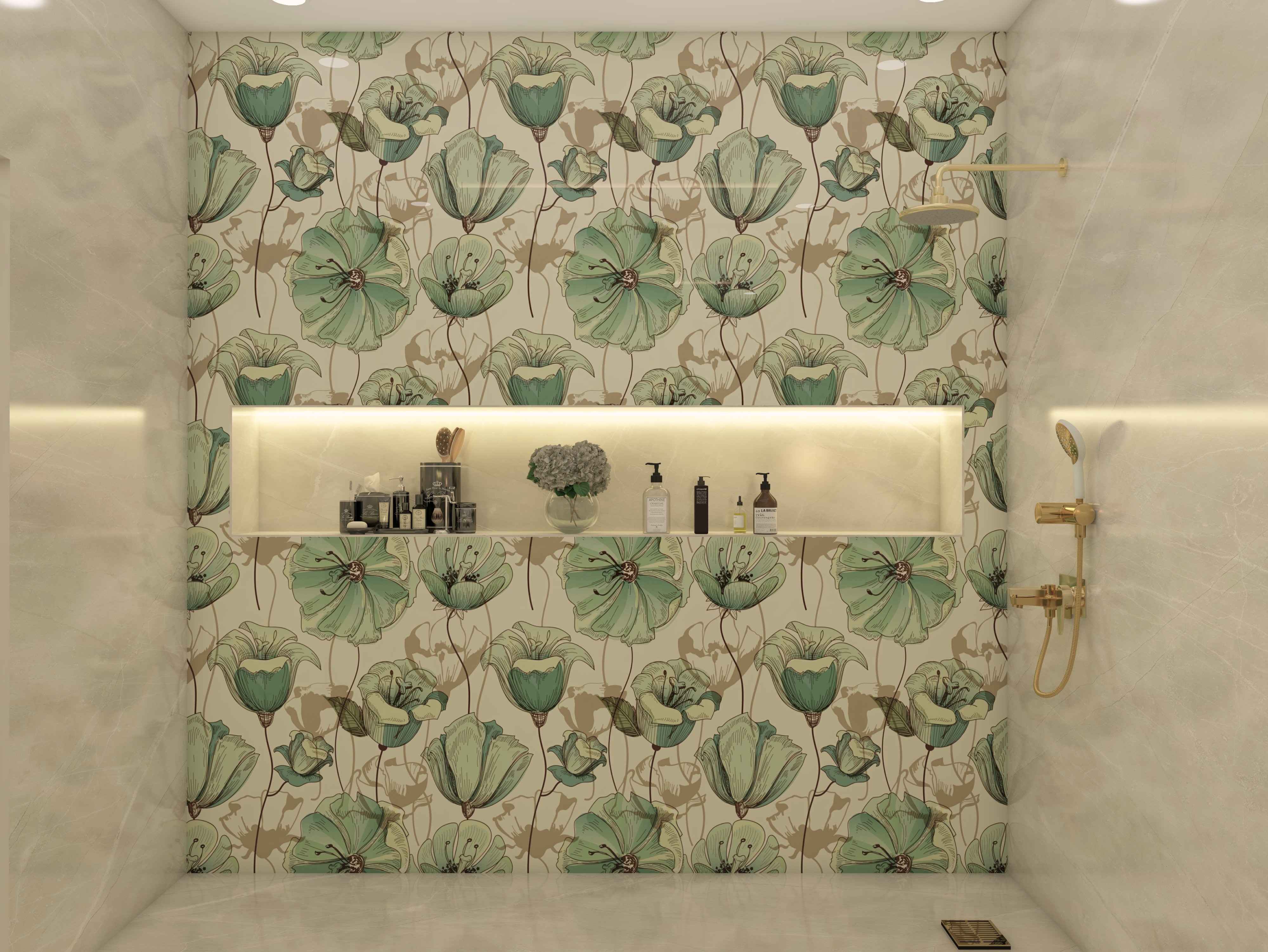 Bathroom tile design with Asian Paints tropical wallpaper patterned tiles - Beautiful Homes