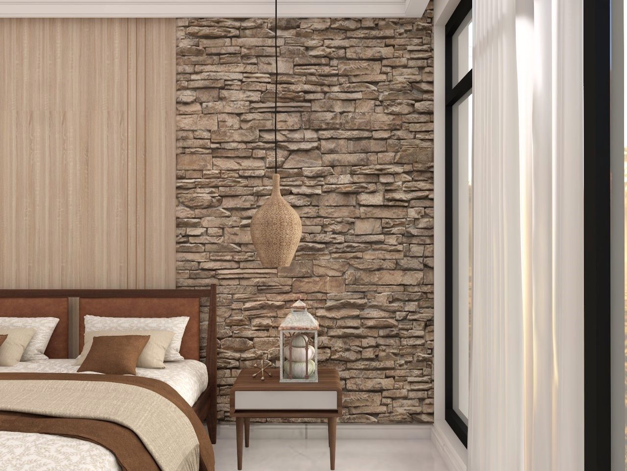 Bedroom wall design with brick patterned tiles - Beautiful Homes
