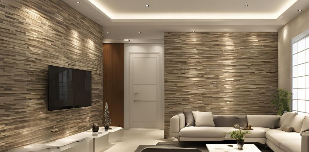 Beige and brown living room wall tile design - Beautiful Homes