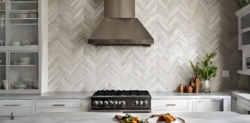 Beige herringbone tiles for kitchen wall - Beautiful Homes