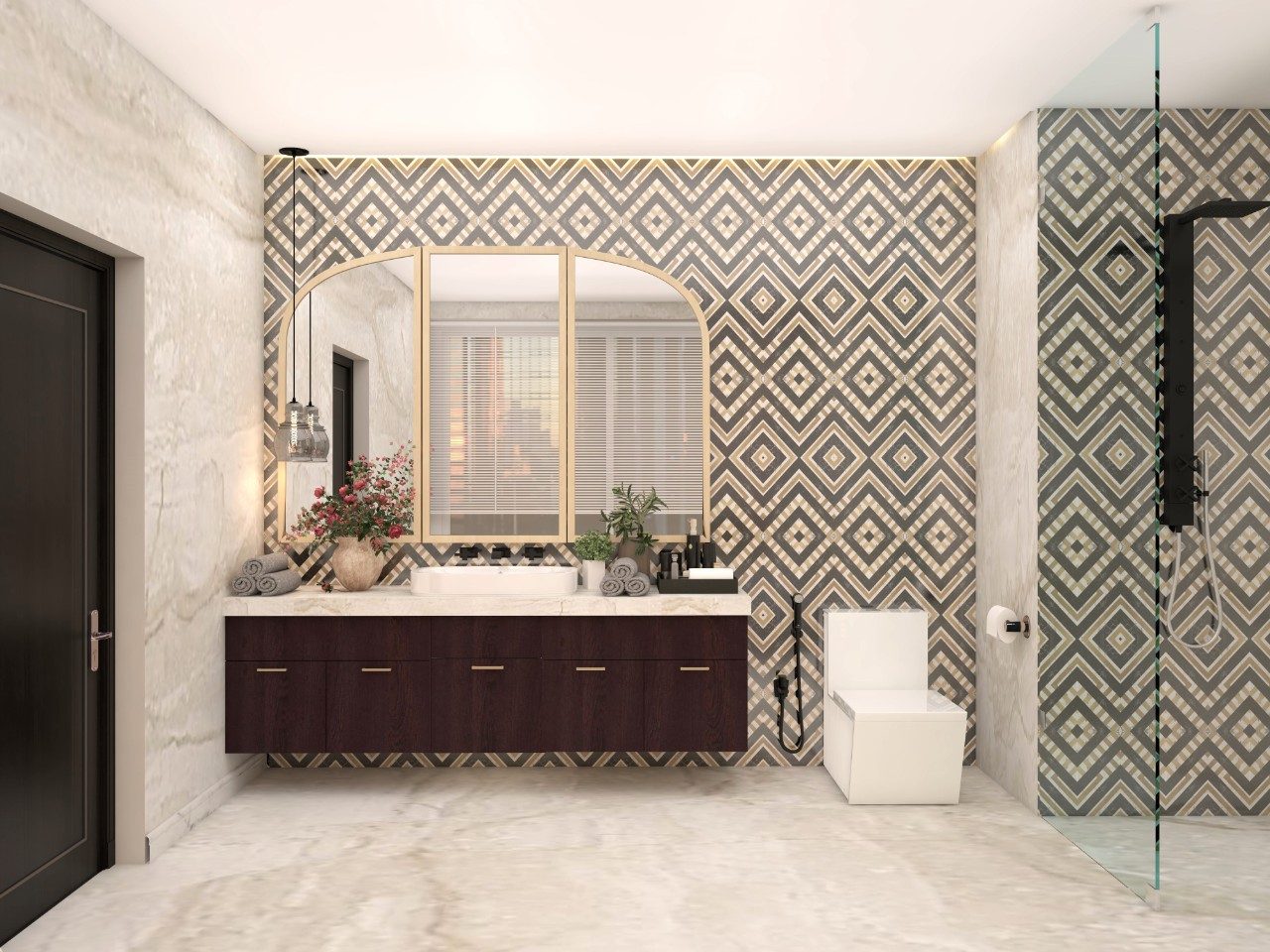 Black and white tiles in geometric pattern with gold accents - Beautiful Homes