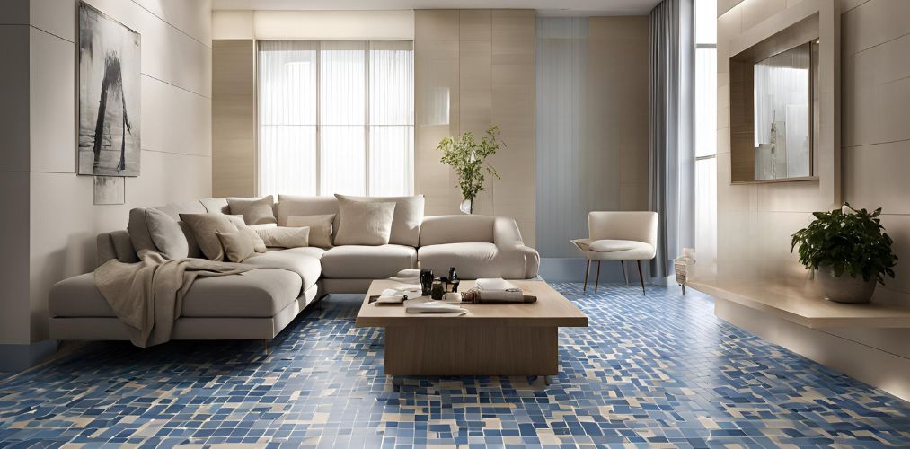 Blue and beige square tile design for living room - Beautiful Homes