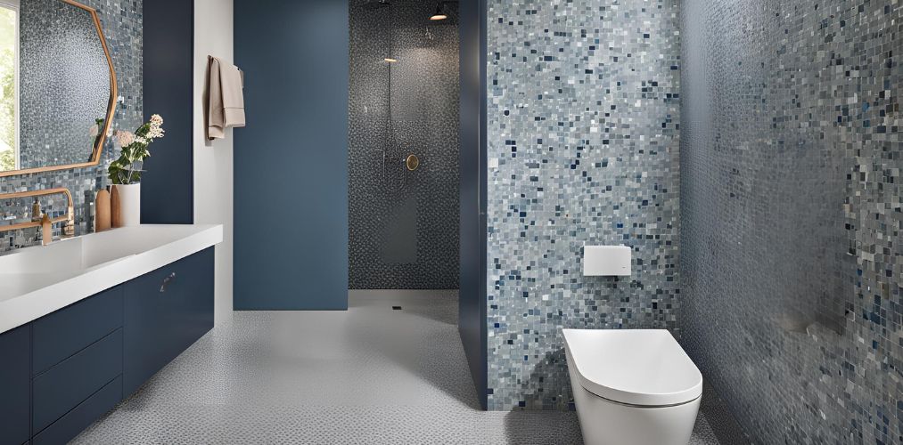 Blue and grey terrazzo bathroom tile design - Beautiful Homes