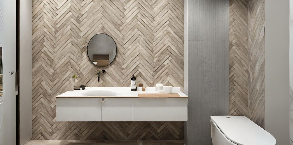 Brown bathroom tiles in herringbone pattern - Beautiful Homes