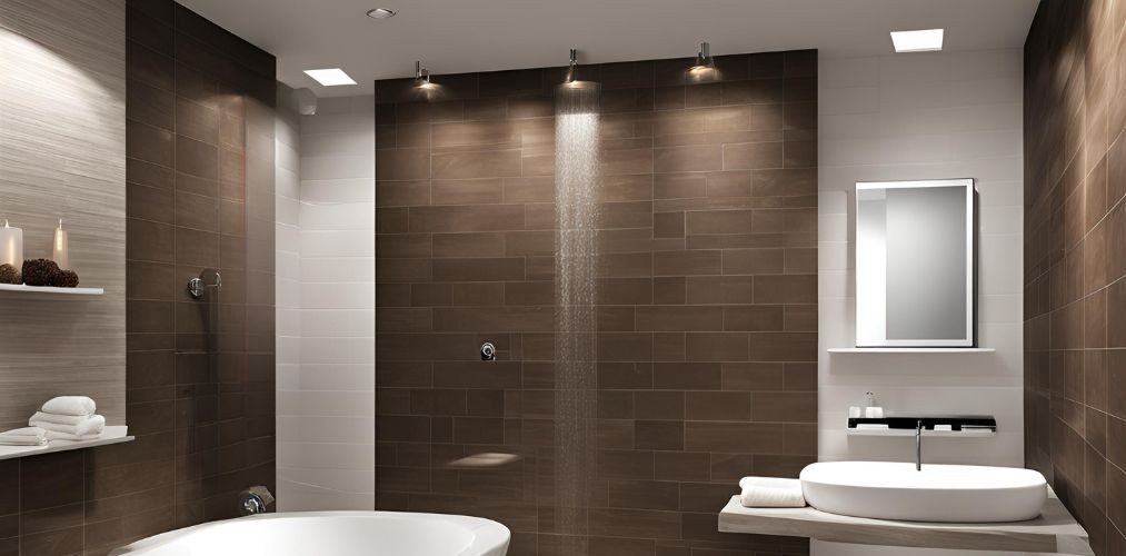 Brown ceramic bathroom tiles with white veining - Beautiful Homes