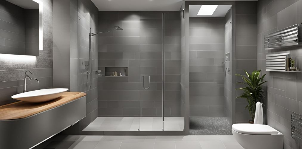 Ceramic bathroom design with rectangular grey tiles - Beautiful Homes