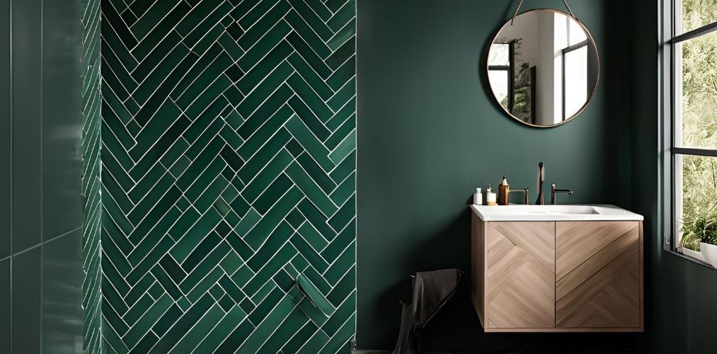 Dark green herringbone bathroom tile design - Beautiful Homes