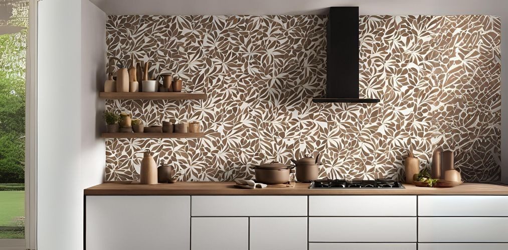 Eclectic brown and white leaf-pattern kitchen wall tiles - Beautiful Homes