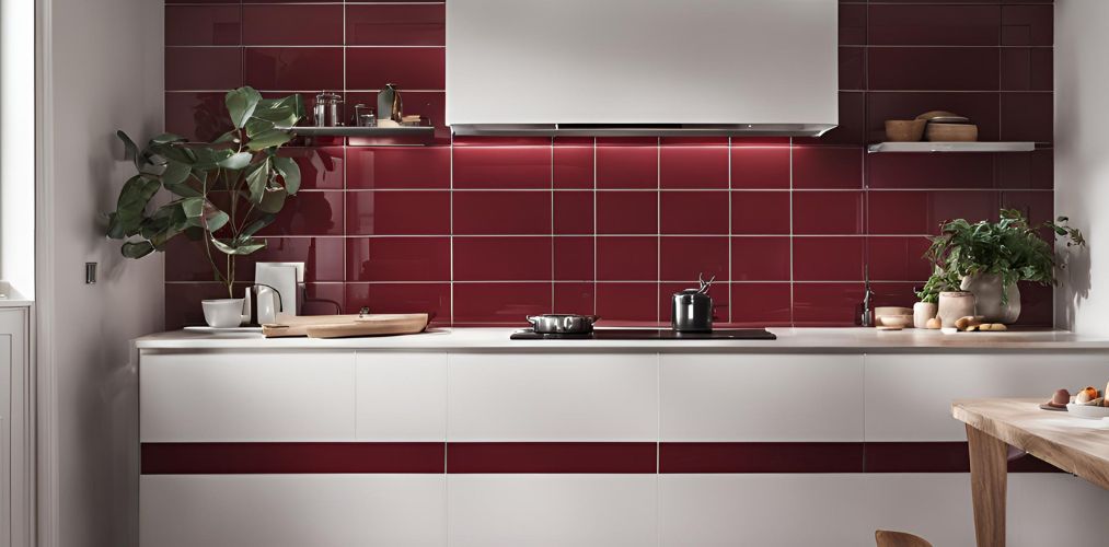 Glossy grid patterned maroon tiles for a straight kitchen dado - Beautiful Homes