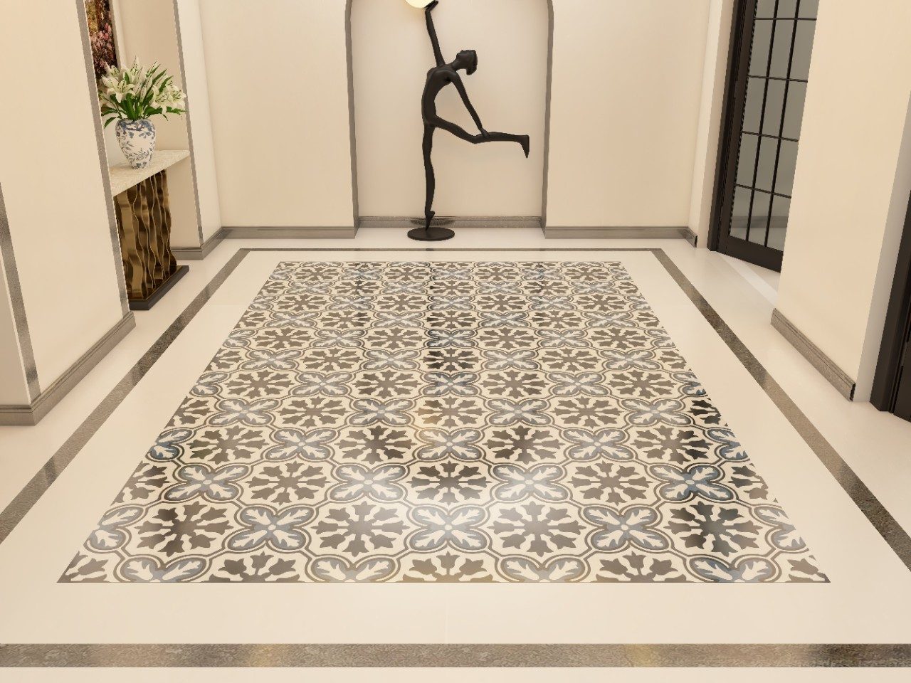 Hallway floral floor tile pattern in blue and black - Beautiful Homes