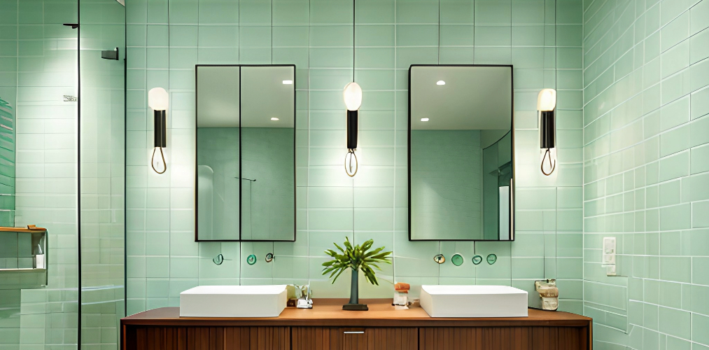 Modern bathroom tiling with green subway tiles-Beautiful Homes