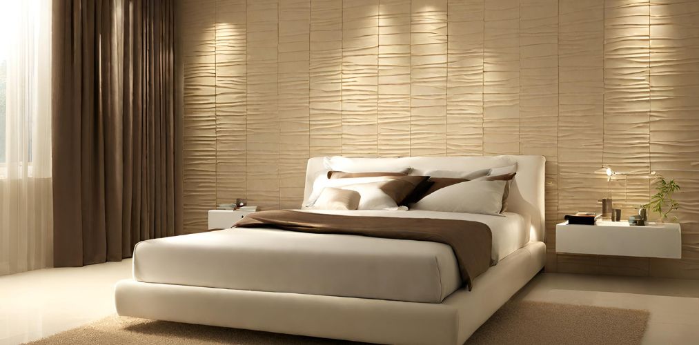 Modern bedroom wall tiles design in beige colour - Beautiful Homes