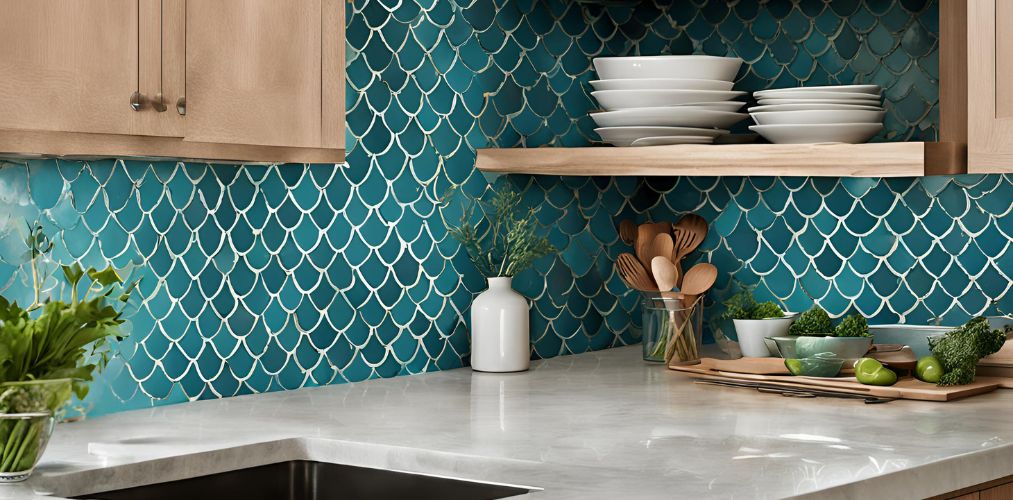 Modern fish tail pattern in teal for kitchen backsplash - Beautiful Homes