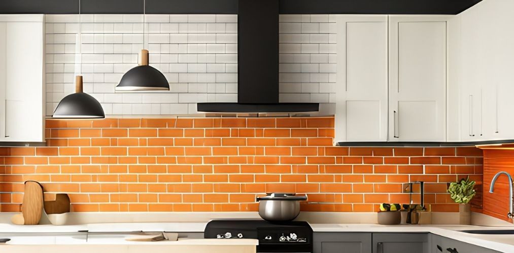 Modern kitchen tiles with white and orange subway tiles-Beautiful Homes