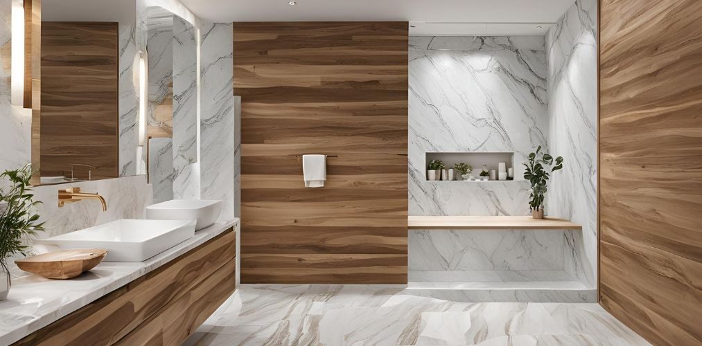 Modern marble and wood bathroom tile design	Modern marble and wood bathroom tile design - Beautiful Homes