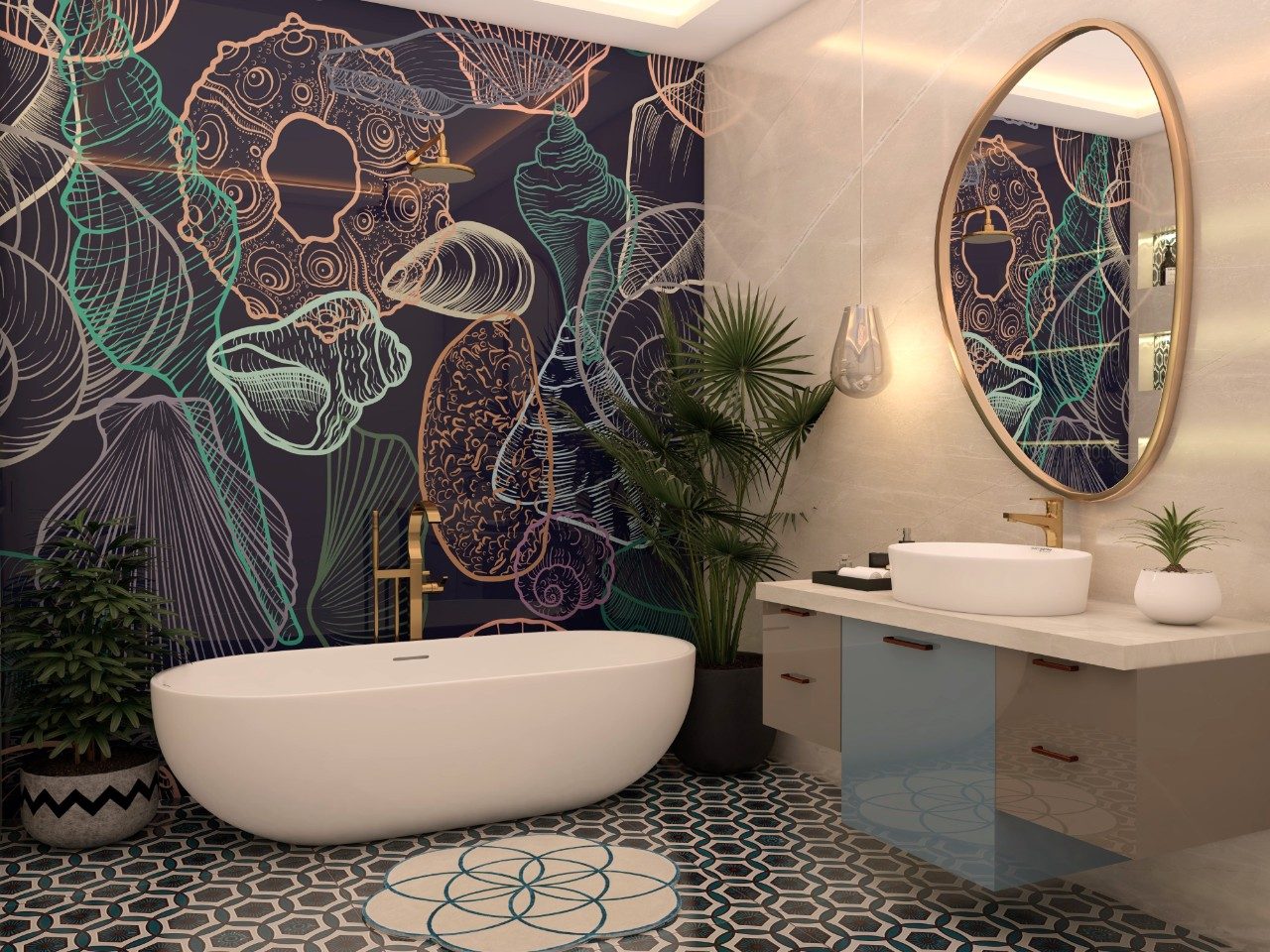 Sea-Inspired Bathroom with Asian Paints Wallpaper and Gold Fixtures - Beautiful Homes