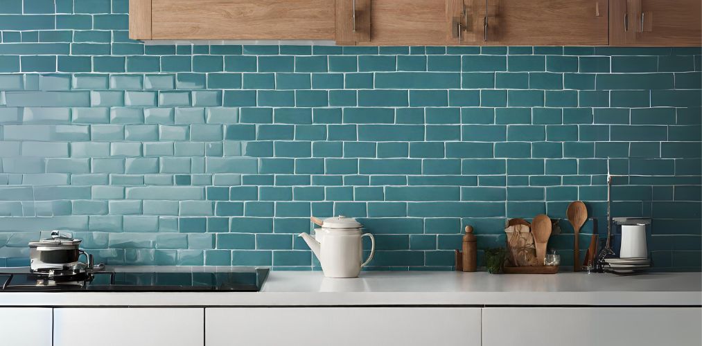 Teal blue ceramic wall tiles in kitchen - Beautiful Homes