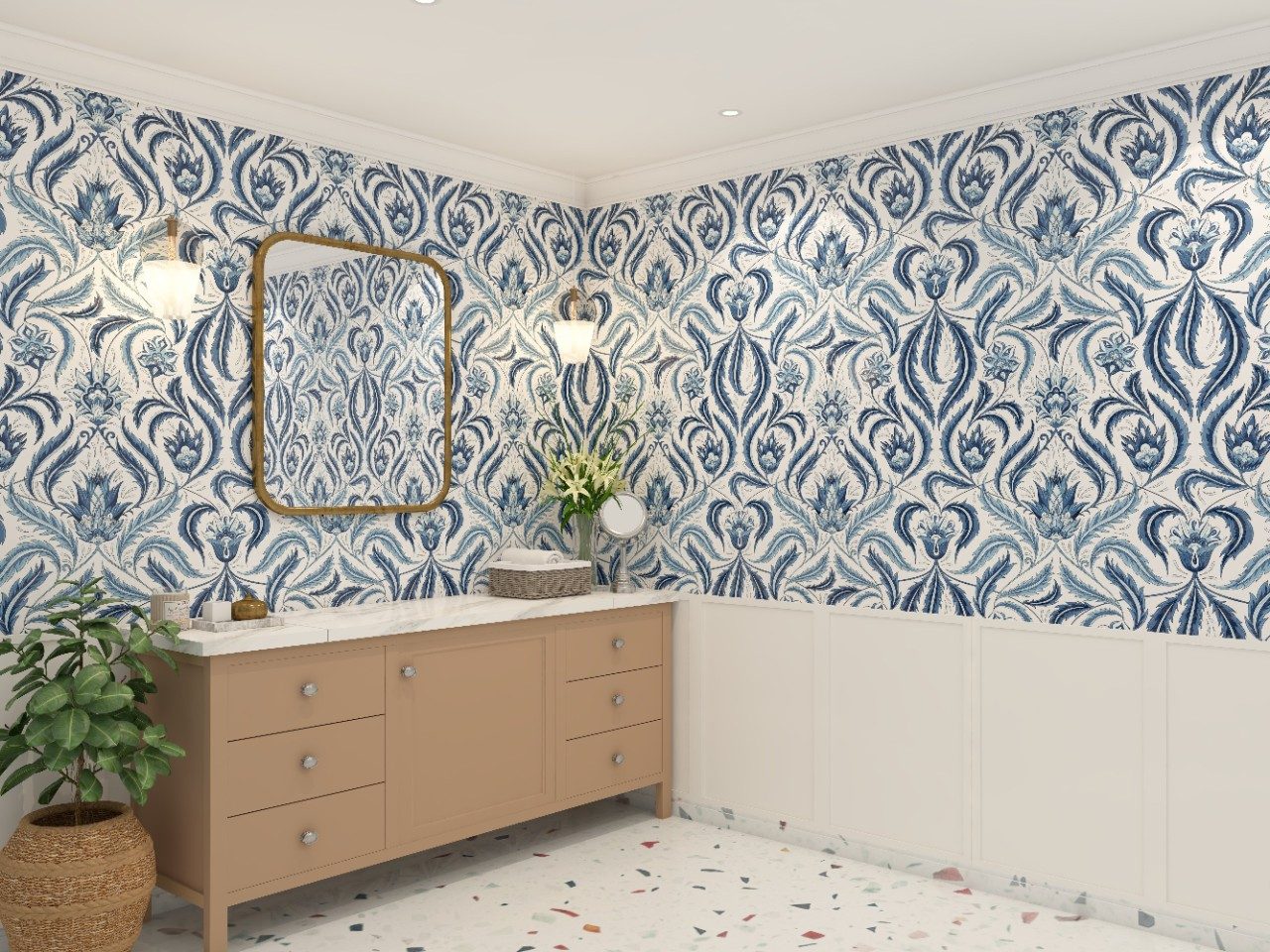 Vibrant white and blue wallpaper tiles for bathroom - Beautiful Homes