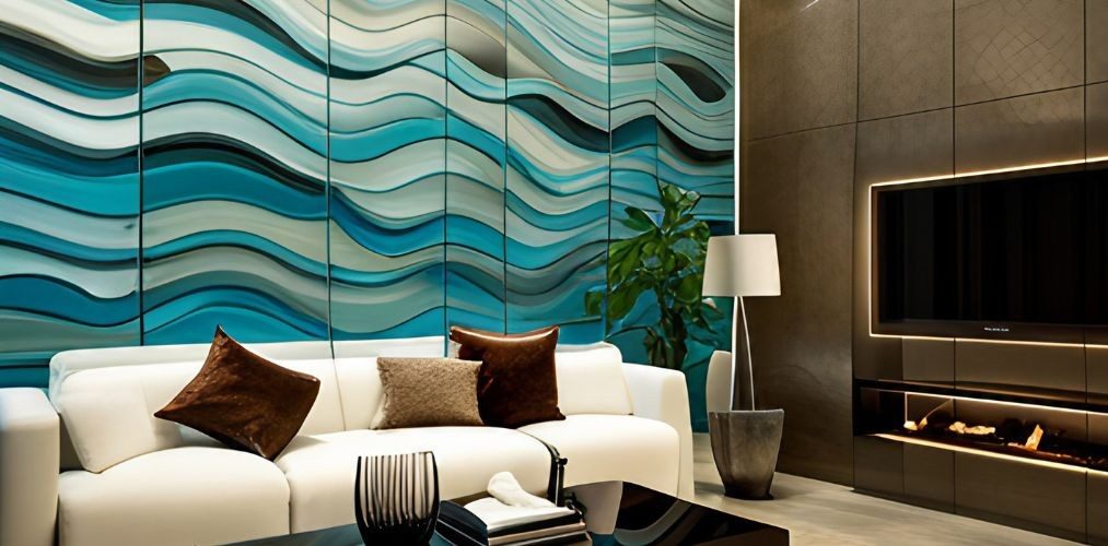 Wall tiles design with blue and green backpainted glass for living room-Beautiful Homes