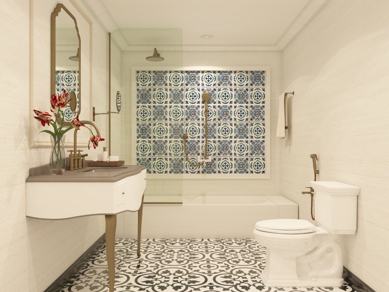 White and blue Asian Paints patterned tile design for a white bathroom - Beautiful Homes