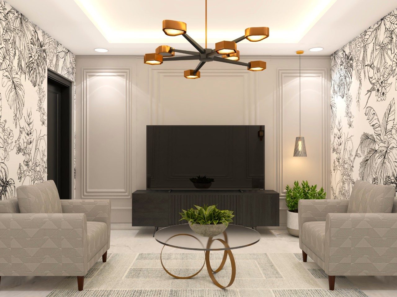 Living room with dark grey TV unit and light grey wall mouldings-Beautiful Homes